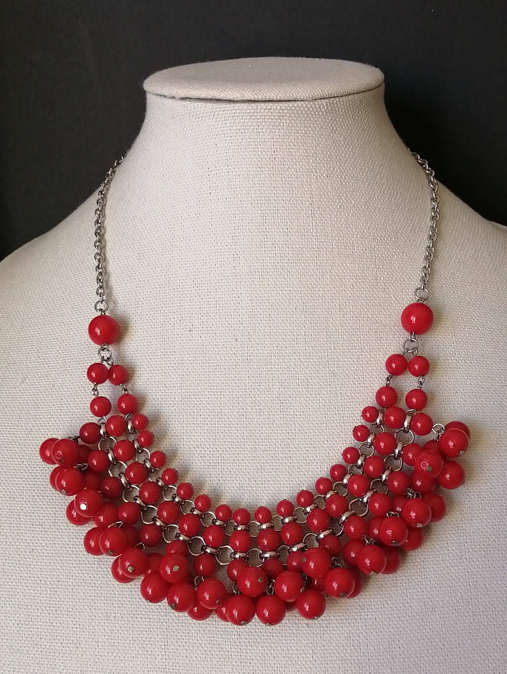 Red Beaded Layered Statement Necklace on Silvertone Chain